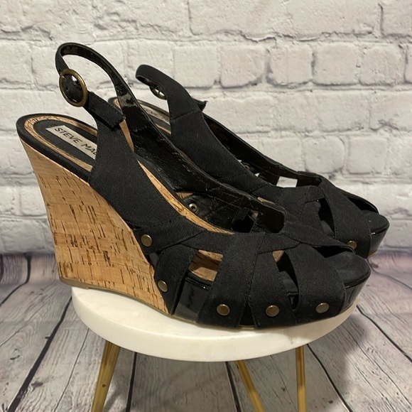 Steve Madden vintage 90s wedge heels black ribbon material open toe size 6 - Picture 1 of 8